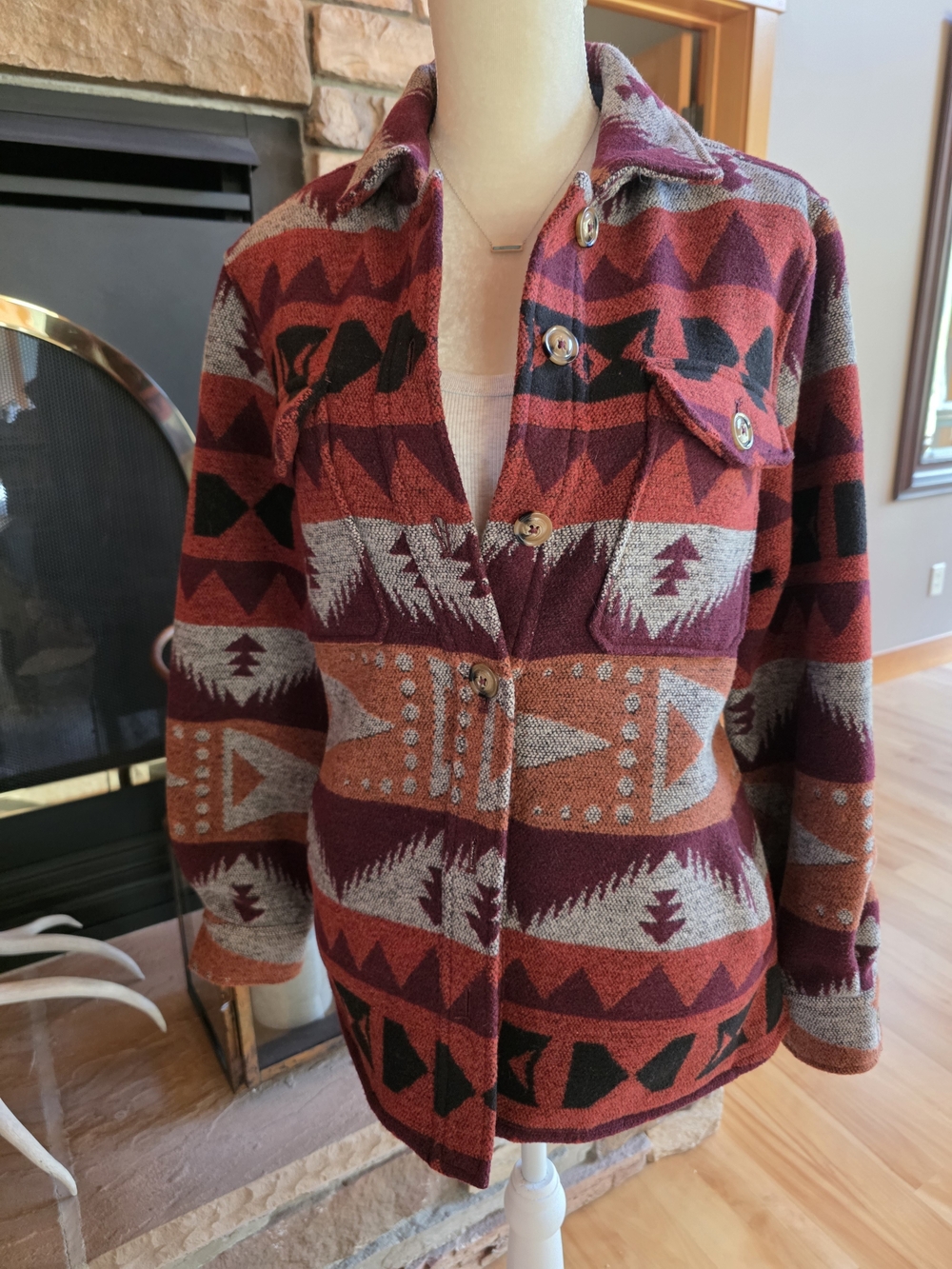 Idyllwind Aztec Knit Button-Front Shirt Jacket in Rust, Black, Gray and Burgundy
